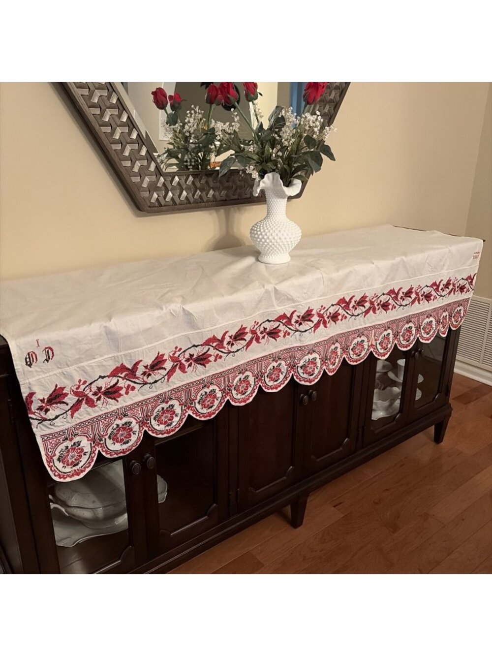Antique Ukrainian Rushnyk Table Runner Textile Handstitched Red Black Folk Art